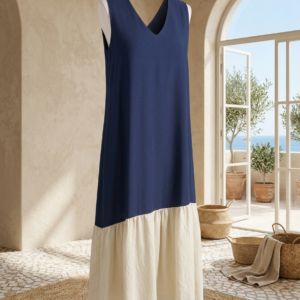 Vestido bicolor volante en color Azul marino, Teja para mujer de Lola y Cata
