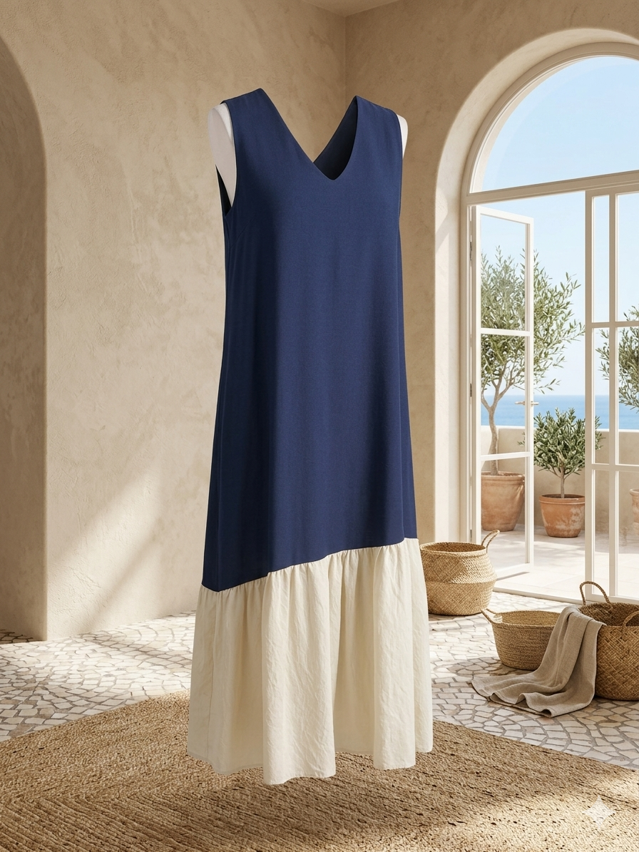 Vestido bicolor volante en color Azul marino, Teja para mujer de Lola y Cata