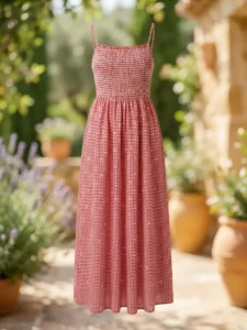 Vestido largo de vichy rosa con tirantes