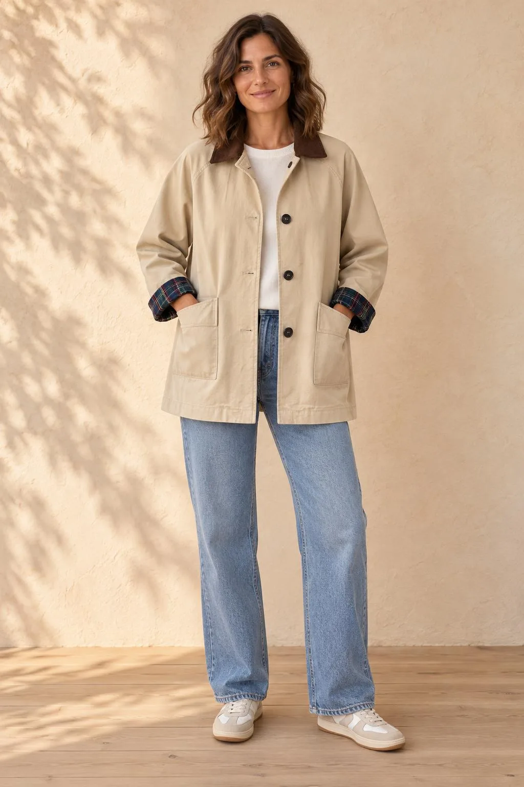 Chaqueta beige de algodón con cuello de pana marrón y tres botones, vista de frente
