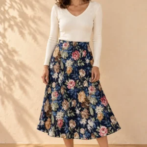 Falda midi de vuelo con flores en azul marino
