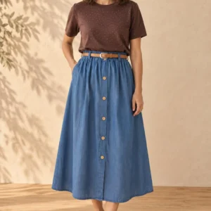 Falda midi vaquera con botones y cinturón