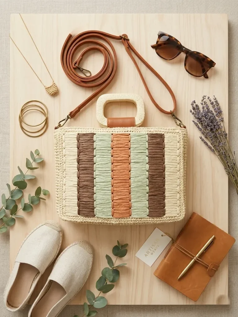 Bolso de rafia a rayas de colores con sandalias y gafas de sol