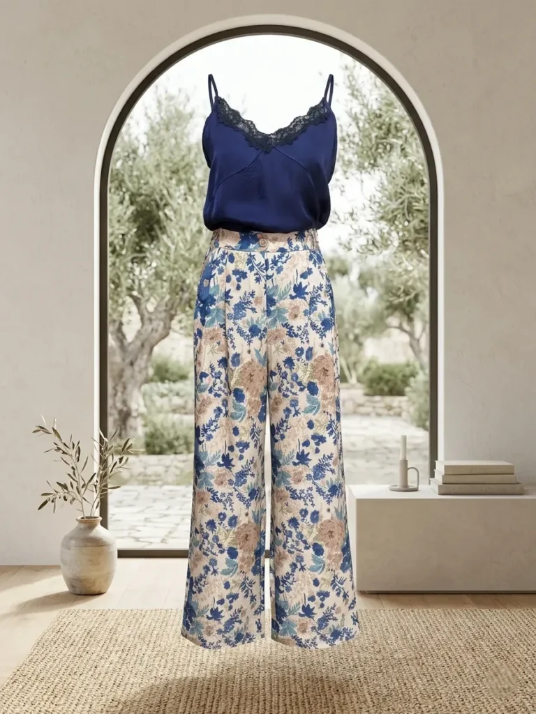 Top azul marino y pantalón ancho de flores junto a un arco con olivos
