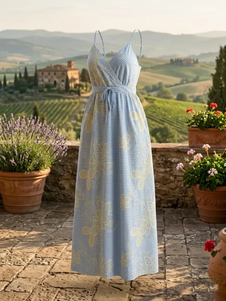 Vestido largo azul claro de tirantes con paisaje de campo al fondo