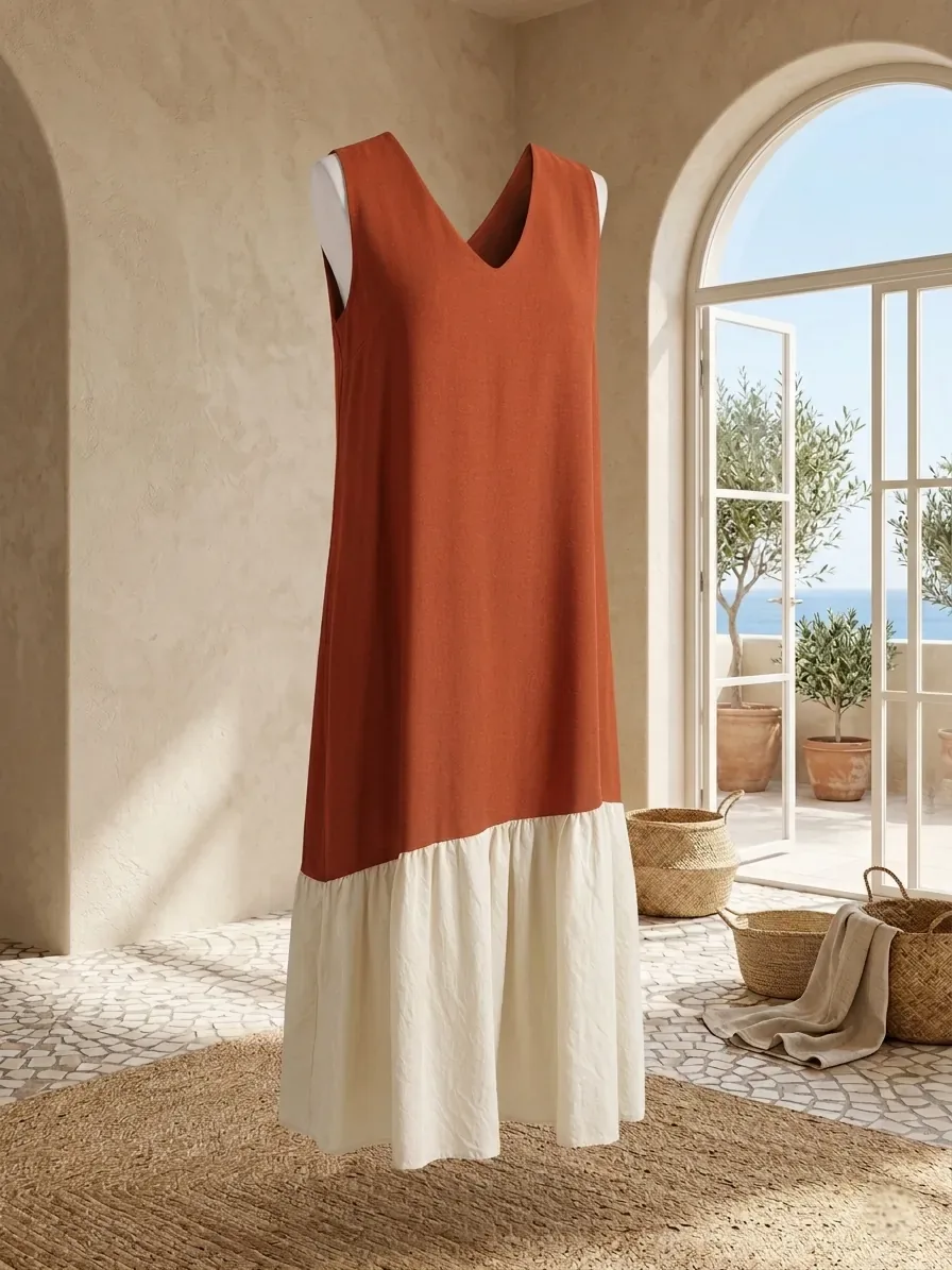 Vestido largo bicolor en teja y crudo en un salón luminoso con arco