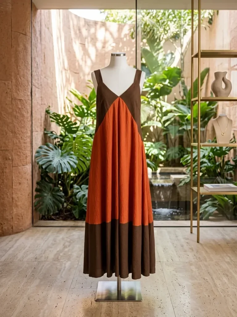 Vestido largo sin mangas en teja y marrón junto a plantas