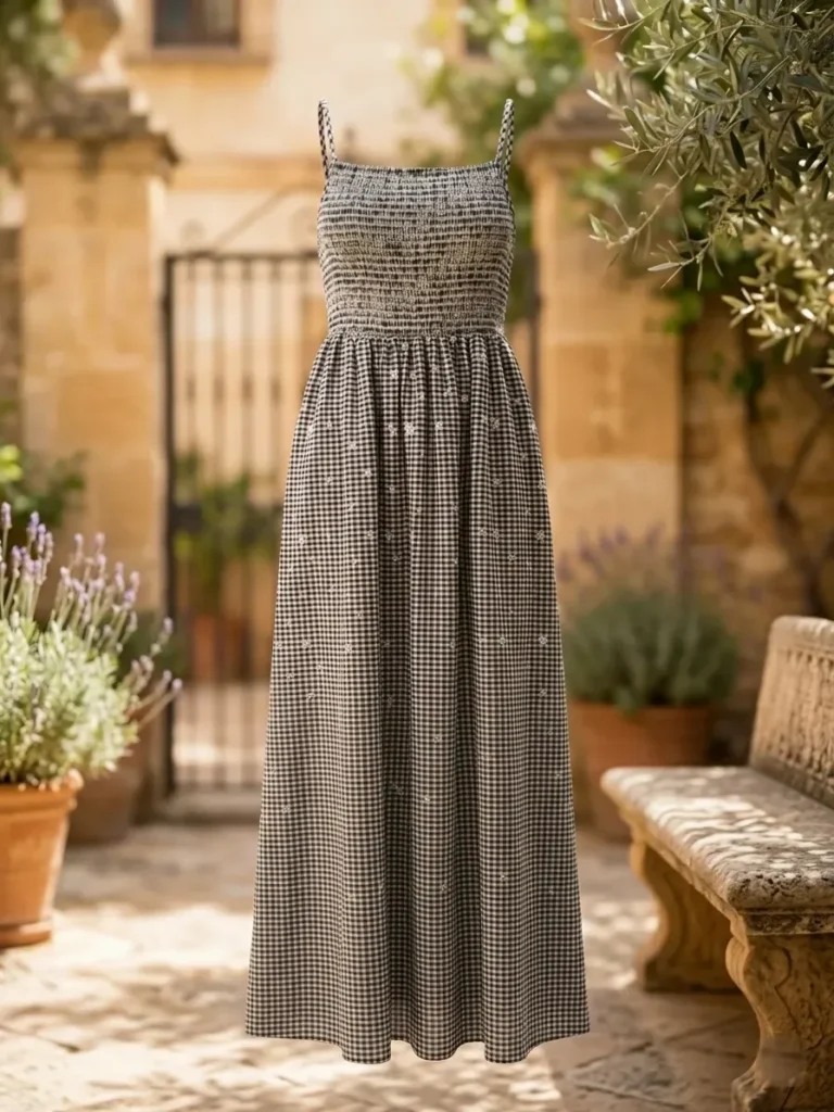 Vestido largo de vichy gris en un patio andaluz con macetas